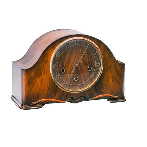 702 - A walnut mantel clock, mid 20th c, the Smiths movement chiming on rod gongs, 14cm h