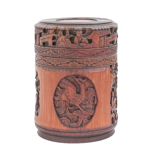 714 - A Chinese carved bamboo jar and cover, early 20th c, 16cm h