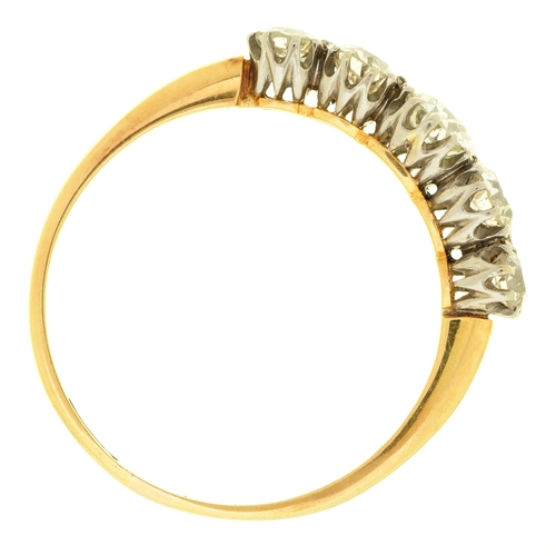 73 - A five stone diamond ring, early 20th c, with old cut diamonds, gold hoop marked 18ct and engraved w... 