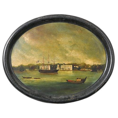 741 - A Victorian oval papier mache tea tray, painted with a scene on the River Thomas with the Royal Barg... 