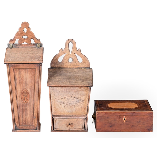 749 - Two English mahogany and inlaid wall hanging candle boxes, first half 19th c, with fretted wall plat... 