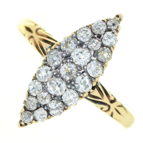 75 - A diamond navette cluster ring, c1900, with old cut diamonds (head 13 x 20mm), gold hoop, size P, 2.... 