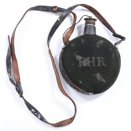 772 - Militaria. Accoutrements, Robin Hood Rifles water bottle and stopper, on leather strap, WWI period, ... 