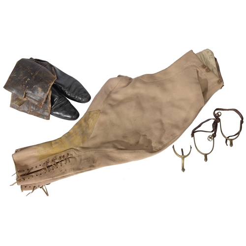 773 - A pair of black leather boots and brass spurs and a pair of contemporary sand coloured corduroy and ... 