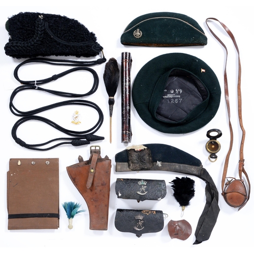 774 - Militaria. Uniform, Robin Hood Rifles black lambswool busby, pre WWI, a Glengarry with ribbons, c186... 