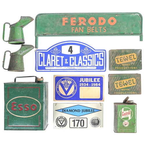 811 - Vintage motoring. An Esso petrol can, a green and orange painted metal point of sale nameboard inscr... 