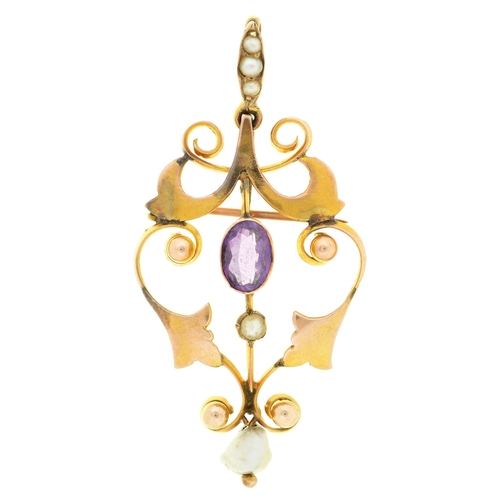 82 - An amethyst, baroque pearl and split pearl openwork brooch-pendant, c1910, in gold, 43mm, marked 9ct... 