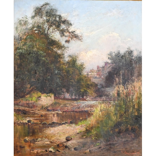 912 - R Pearson, 1897 – Wooded Landscape with River Weir, signed and dated, oil on canvas, 75 x 62cm... 