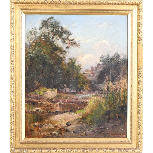 912 - R Pearson, 1897 – Wooded Landscape with River Weir, signed and dated, oil on canvas, 75 x 62cm... 