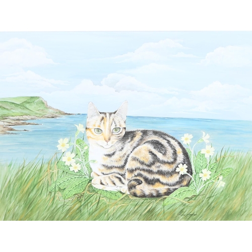 913 - Fiona Hughes, 20th / 21st c - Cat on the Coast, signed, watercolour, 37.5 x 51cm