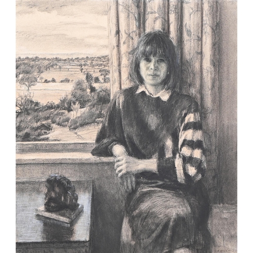 916 - English School, 20th c – Girl by an Open Window, indistinctly signed, charcoal and black and w... 