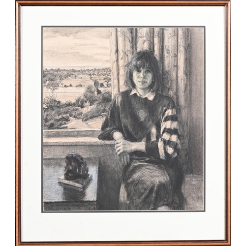 916 - English School, 20th c – Girl by an Open Window, indistinctly signed, charcoal and black and w... 