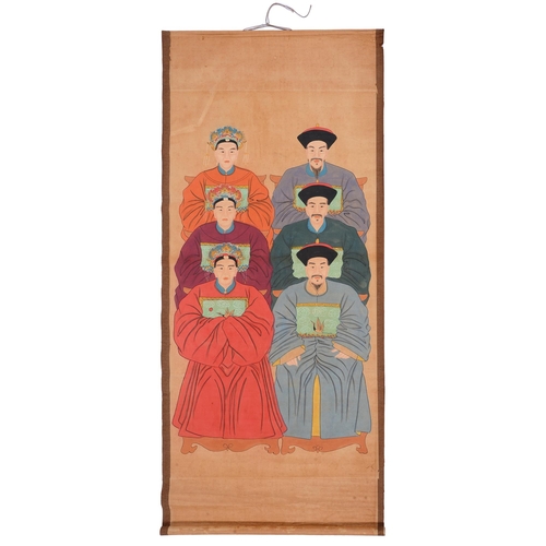 919 - A Chinese ancestor commemorative portrait, probably late 19th c, of three men and three woman, ink a... 