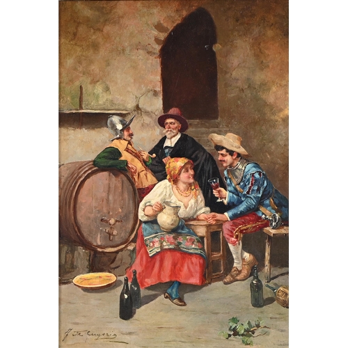 928 - Spanish School, late 19th c - Soldiers and a Serving Girl in the Cellar of a Tavern, signed, oil on ... 