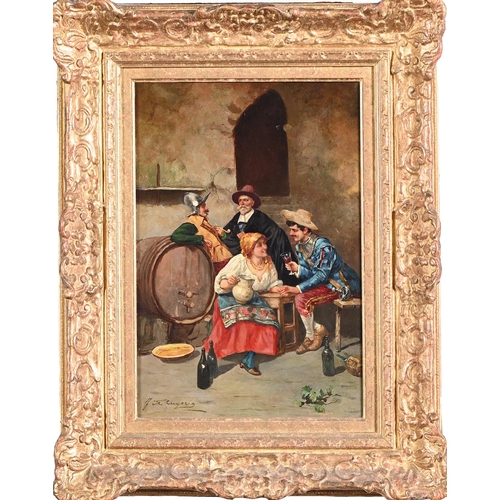 928 - Spanish School, late 19th c - Soldiers and a Serving Girl in the Cellar of a Tavern, signed, oil on ... 