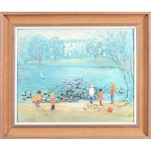 929 - M Gough, 20th c - Winter Pond, signed, inscribed with the title and artist's address 12 St James's S... 