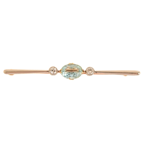 93 - An aquamarine and diamond bar brooch, in gold, 66mm, marked PAT. APP. 4 and also with an inventory n... 