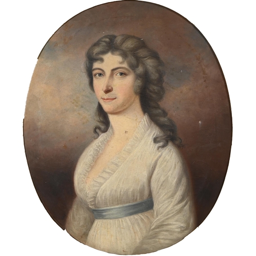 936 - English School, 19th c - Portrait of a Lady of the Luck Family, three quarter length in a white dres... 