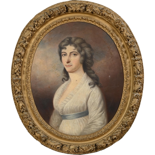 936 - English School, 19th c - Portrait of a Lady of the Luck Family, three quarter length in a white dres... 