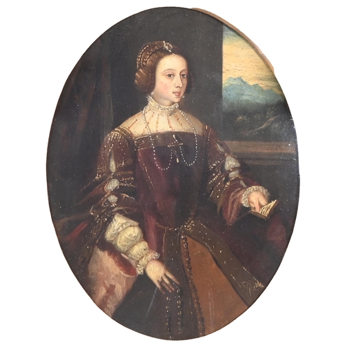 937 - After Titian - Portrait of Isabella of Portugal, Holy Roman Empress, oil on board, oval, 22 x 16cm, ... 