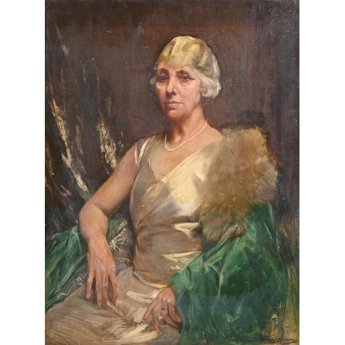 938 - Arthur Spooner RBA (1873-1962) - Portrait of a Lady, seated three quarter length in an ivory satin d... 