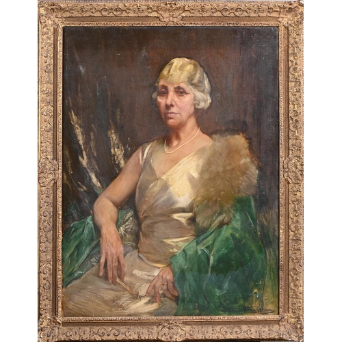 938 - Arthur Spooner RBA (1873-1962) - Portrait of a Lady, seated three quarter length in an ivory satin d... 