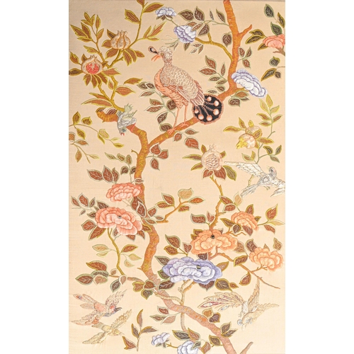 958 - An Arts and Crafts silk and wool embroidered panel, c1900, of birds and tree peony, 122 x 80cm, maho... 