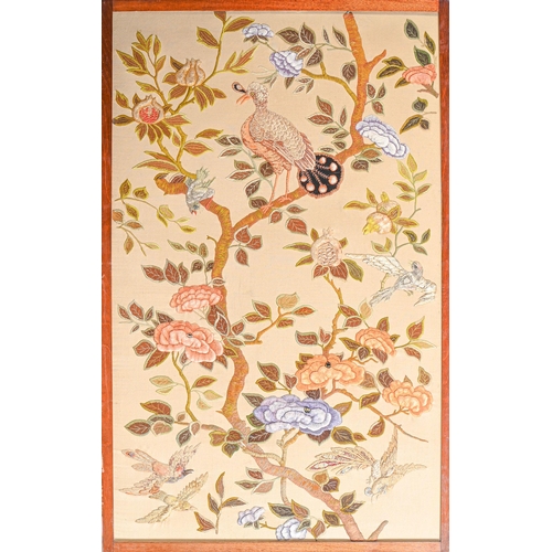 958 - An Arts and Crafts silk and wool embroidered panel, c1900, of birds and tree peony, 122 x 80cm, maho... 