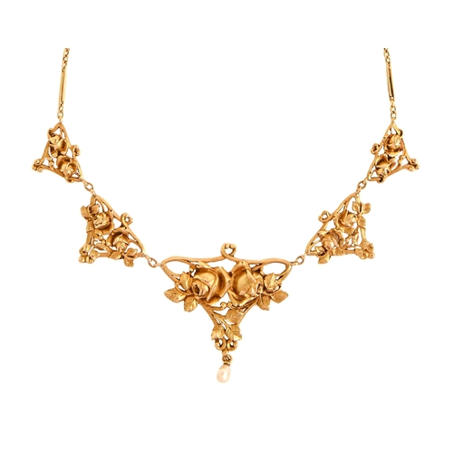 96 - A French Art Nouveau gold necklace, c1900,  the five cast openwork rose filled links graduated from ... 