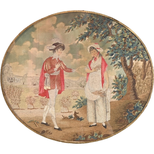 961 - A George III silk picture of a young gentleman paying a compliment to an attractive young gleaner, w... 