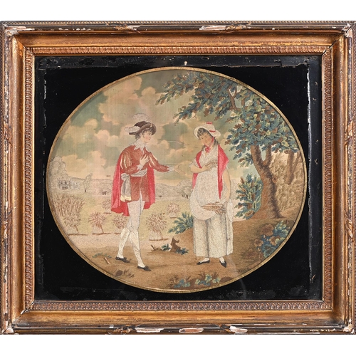 961 - A George III silk picture of a young gentleman paying a compliment to an attractive young gleaner, w... 