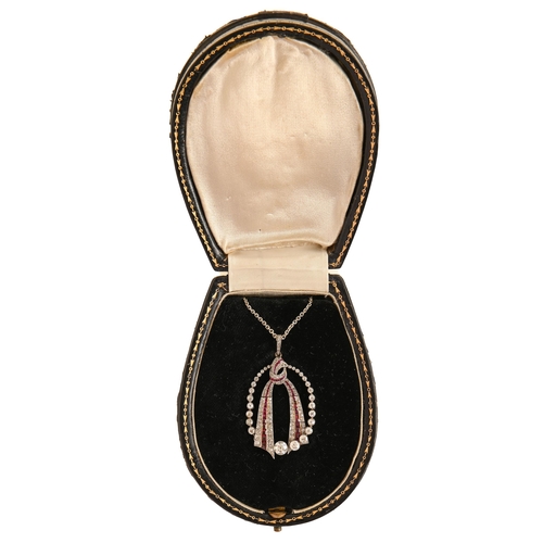 97 - A ruby and diamond pendant and earrings, of tassel design with lines of calibre cut rubies, in white... 