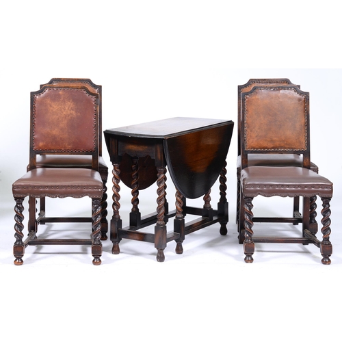 978 - A set of four oak dining chairs, c1930, with padded hide back on barley corn legs, with moulded stre... 