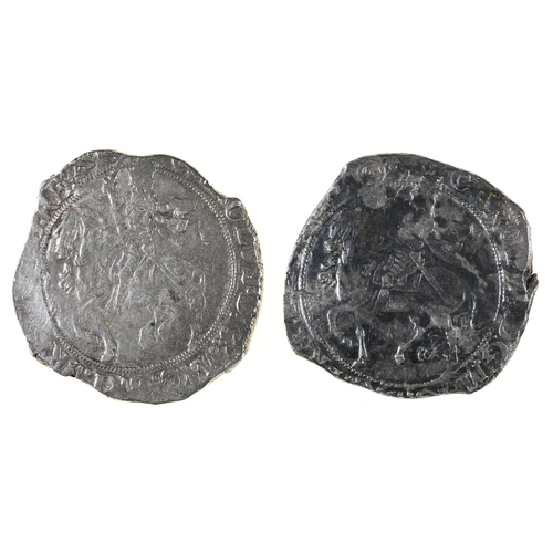 133 - English Hammered Silver, Charles I, Halfcrown, mm triangle in circle, square flan 14.2gm; another 15... 