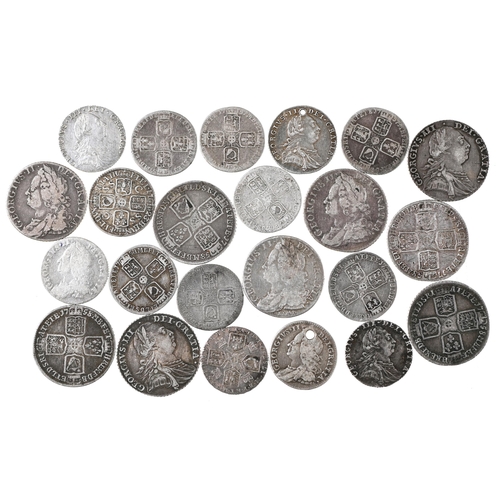 144 - Early Milled Silver, George I 6d 1723SSC Fine; George II, 1/- (7), 6d (9); George III, 1787 1/- good... 