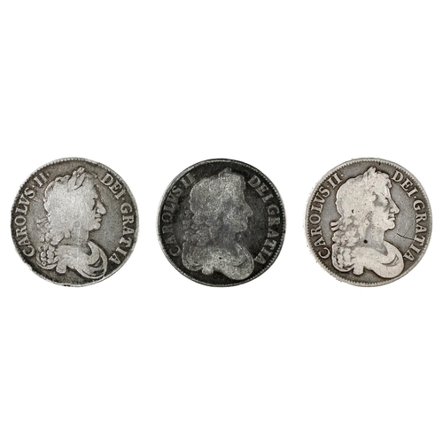 257 - Charles II, Crowns, 1671, 29.9gm, edgy vg; 1673 29.2gm, vg; 167(7) adjustment on 2nd 7, 29.6gm vg+ (... 