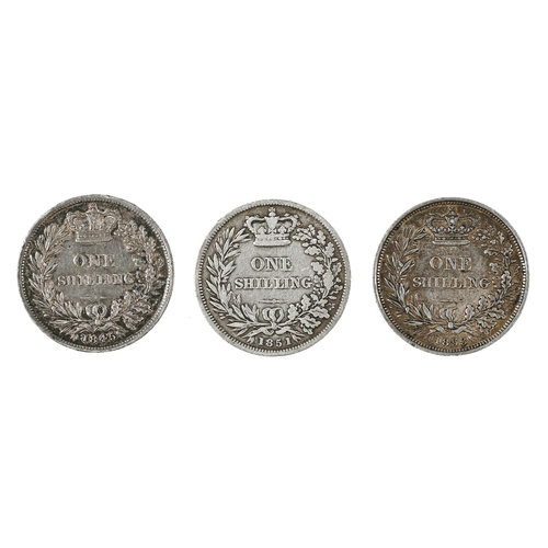 421 - Queen Victoria, Shillings, 1845 almost EF; 1851 Fine; 1853 good VF (3)