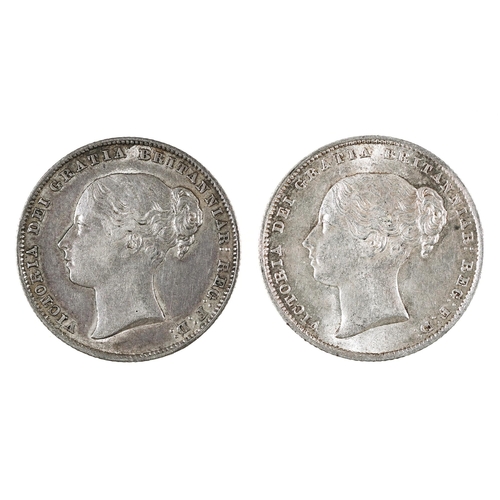 422 - Queen Victoria, Shillings, 1860 almost EF; 1864 dn51 good EF+ (2)