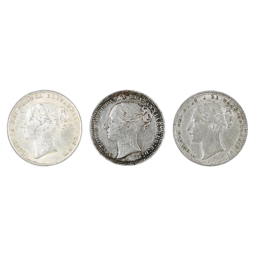 424 - Queen Victoria, Shillings, 1860, good EF; 1874 dn9, VF; 1875 dn19, good VF (3)