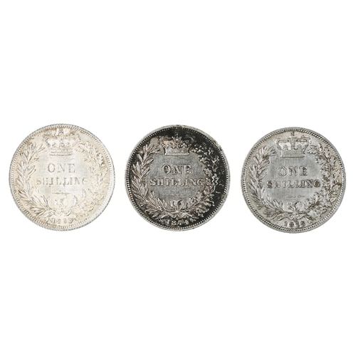 424 - Queen Victoria, Shillings, 1860, good EF; 1874 dn9, VF; 1875 dn19, good VF (3)