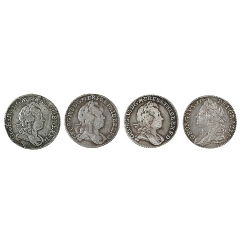 431 - George I, Sixpence, 1717, pitted Fine; 1723SSC Fine, another ex-mount almost Fine; George II, Sixpen... 