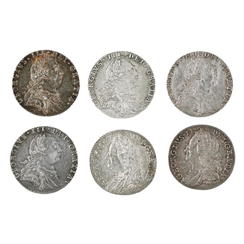 434 - George II, Sixpences, 1758 EF (2); George III, Sixpences, 1787 almost EF-EF(4) (6)