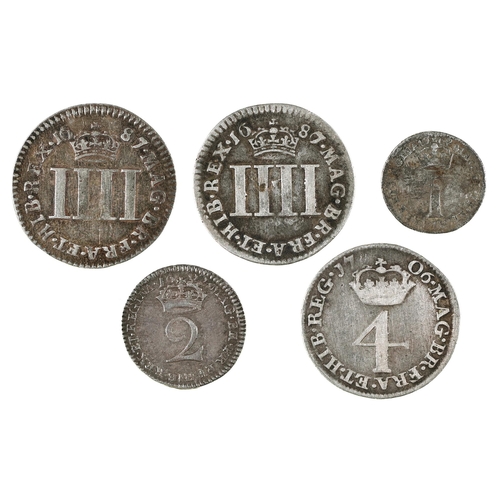 438 - Maundy odds, James II, 4d, 1687/6 almost Fine; another 1687 good Fine; William & Mary, 2d, 1692 ... 