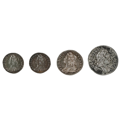 439 - Maundy odds, George I, Threepence, 1717 good VF; George II, 2d 1739, good VF; 1d’s 1750 EF, 17... 