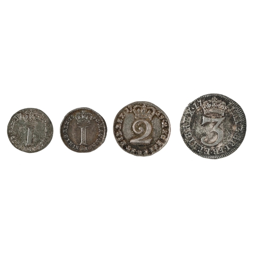 439 - Maundy odds, George I, Threepence, 1717 good VF; George II, 2d 1739, good VF; 1d’s 1750 EF, 17... 