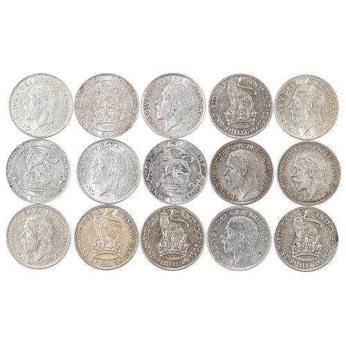 449 - George V, Shillings, 1912 EF; 1914 good EF; 1915 good EF, another VF; 1926 almost BU; 1927 EF; 1928 ... 