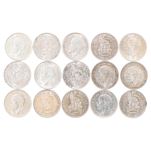 449 - George V, Shillings, 1912 EF; 1914 good EF; 1915 good EF, another VF; 1926 almost BU; 1927 EF; 1928 ... 