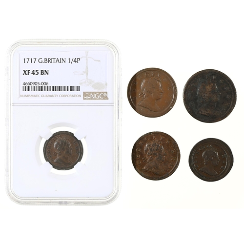 460 - George I, Halfpennies, 1717 good Fine; 1718 poor surface Fine-VF; 1723 almost Fine; Farthing 1717, g... 