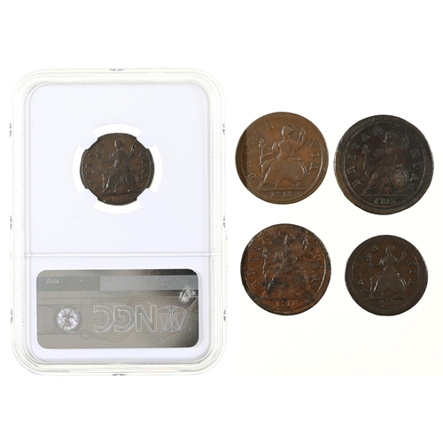 460 - George I, Halfpennies, 1717 good Fine; 1718 poor surface Fine-VF; 1723 almost Fine; Farthing 1717, g... 