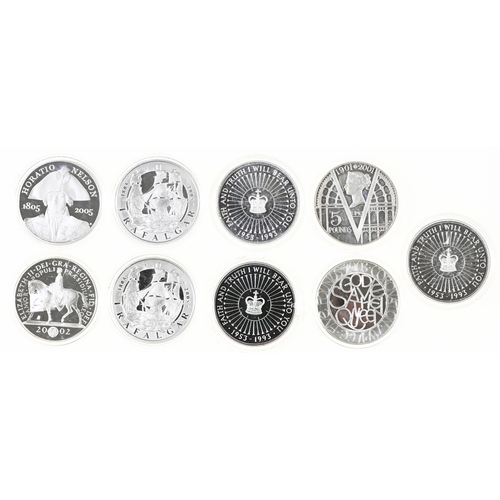 63 - Queen Elizabeth, Proof Silver £5, 1993 (3), 2001, 2002, 2003, 2005 (3), in capsules (9)